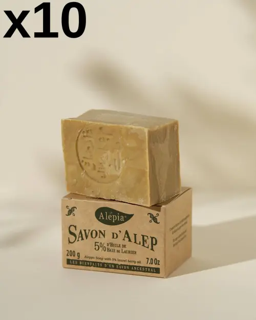 Lotto di 10 saponi di Aleppo Authentique Alepia 5% alloro, pane inciso sulla sua custodia in cartone