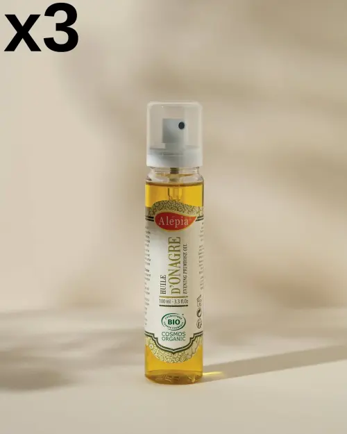 Set van 3 teunisbloemolies van Alepia, transparante sprayflacon van 100 ml met goudkleurige olie