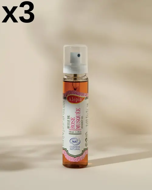 Olio di rosa mosqueta Alepia 100 ml in set da 3, flacone spray trasparente con liquido ambrato