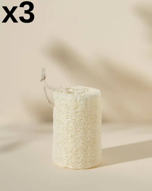 Ruwe loofa in set van 3, cilindrische plantaardige spons, beige en getextureerd, met koordje
