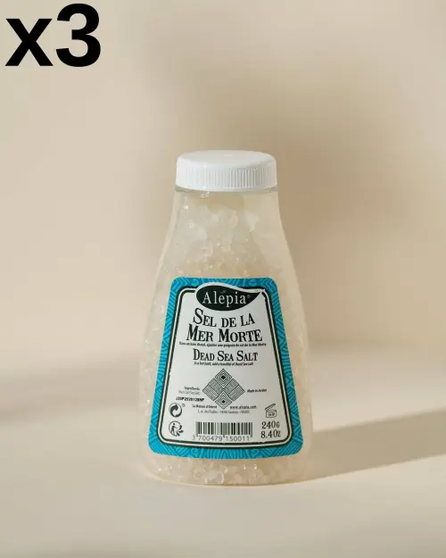 Alepia Dode Zee-zout in een set van 3, fles van 240 g gevuld met grote doorschijnende kristallen