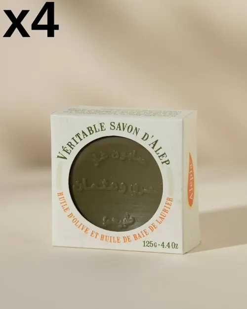 Extra zachte Aleppo-zeep Alepia van 125 g in opengewerkte doos met ronde olijfgroene brok, set van 4