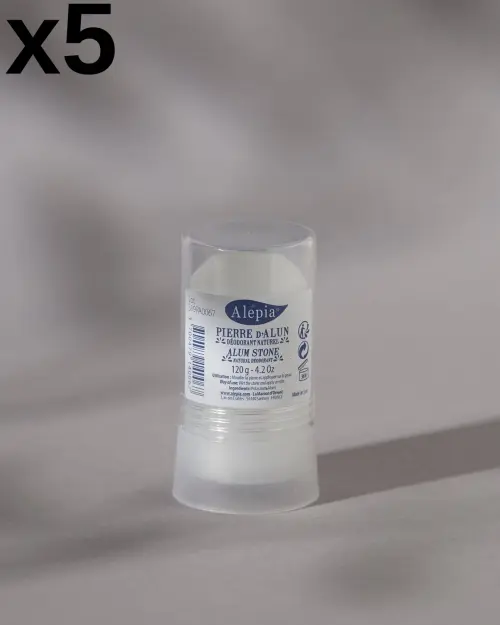 Set van 5 aluinsteentjes Alepia, deodorant in stick van 120g met transparant etui