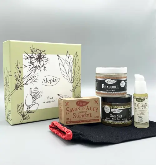 Coffret Hammam thuis Alepia met Aleppo-zeep, rhassoul, zwarte zeep, arganolie en scrubhandschoen