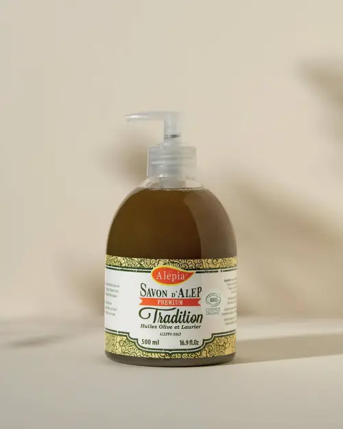 Sapone di Aleppo liquido Premium Tradition Alepia nel suo flacone con pompa trasparente da 500 ml