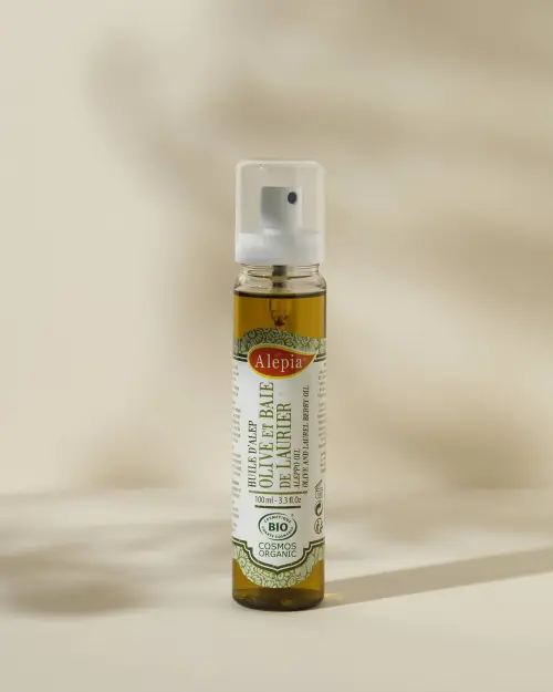 Aleppo-olie bio Alepia in sprayflacon van 100 ml met olijfolie en laurierbes