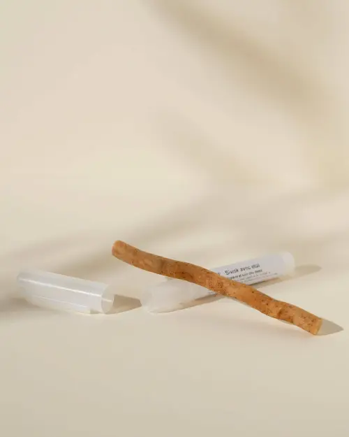 Natuurlijke tandenborstel met Siwak in houten stokje op het geopende transparante reisetui