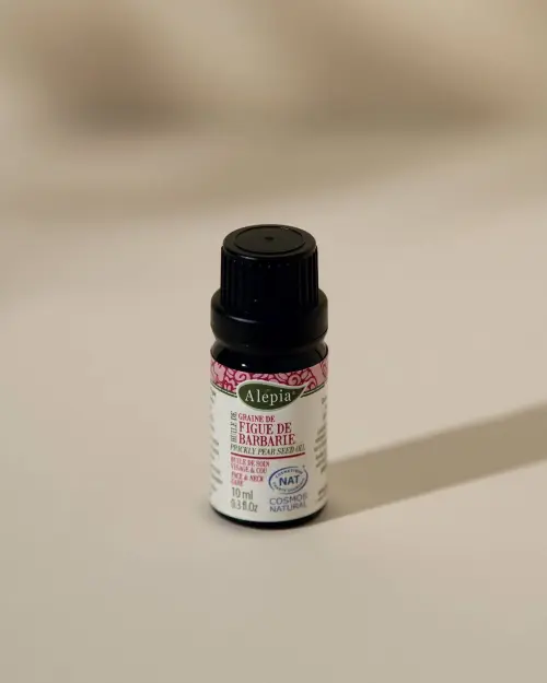 Huile de graine de figue de Barbarie Alepia, flacon de 10 ml en verre foncé et bouchon noir