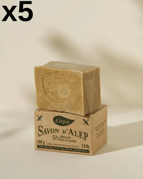 5er-Set authentische Aleppo-Seifen 5% Lorbeer Alepia, graviertes 200-g-Stück auf seinem Karton-Etui