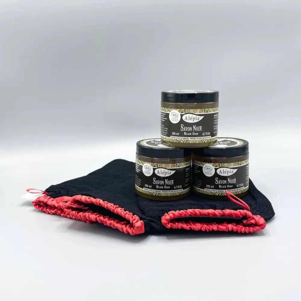 Das Peeling-Set mit schwarzer Seife Premium Bio