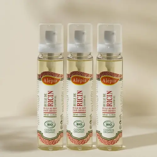 Rizinusöl Alepia, drei transparente Pumpflakons 100 ml in einer Reihe