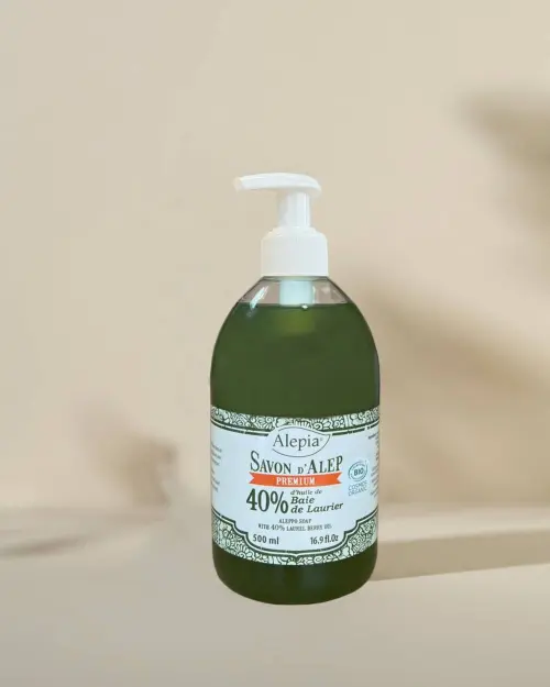 Flüssige Aleppo-Seife Premium 40% Lorbeer Alepia in Pumpflasche mit 500 ml grüner Flüssigkeit