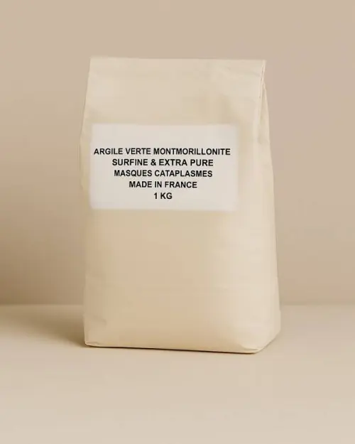 Arcilla verde extrafina 1 kg en su bolsa kraft blanco roto con etiqueta