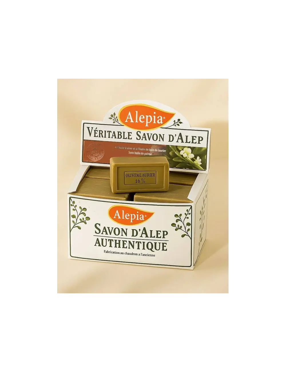 Display of 16 bars of Aleppo soap 16%.