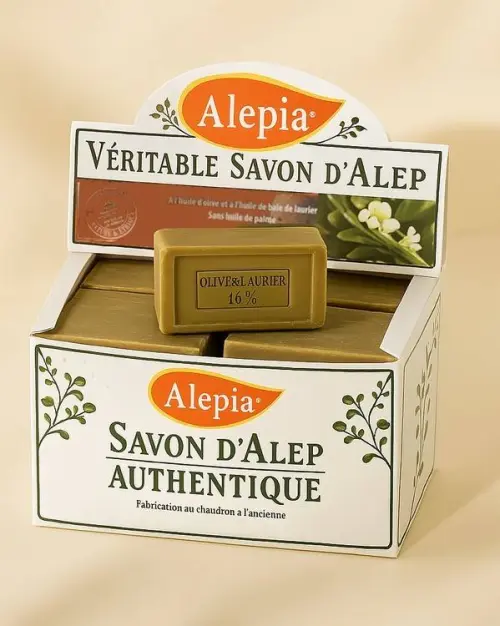 Display of 16 bars of Aleppo soap 16%.