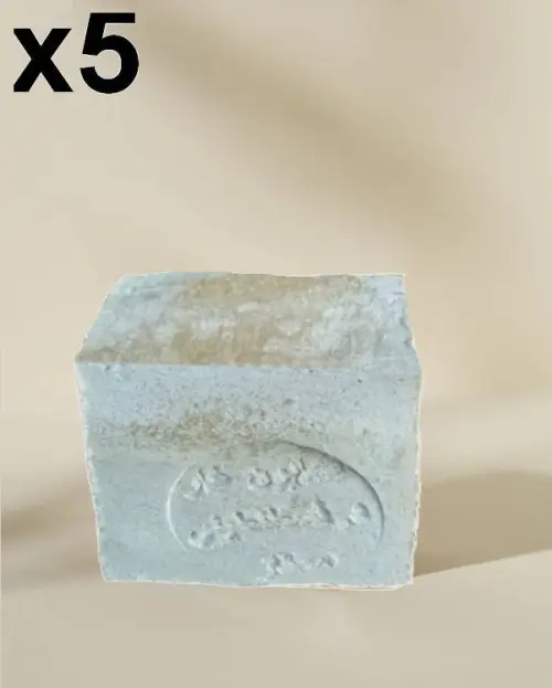 Jabón de Alepo Vilain Tradition en lote de 5, pastilla cúbica beige y verde estampada con un sello