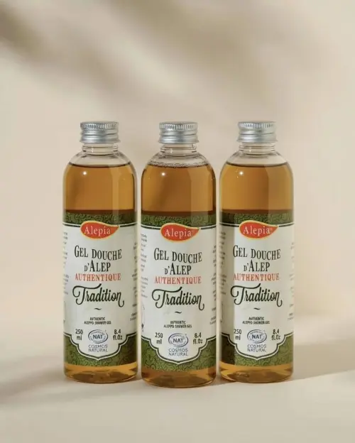 Gel de ducha de Alepo Auténtico Tradition Alepia, lote de tres frascos de 250 ml con líquido ámbar