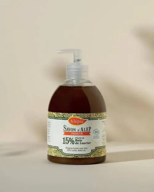 Savon d'Alep liquide Premium Bio 15% Laurier