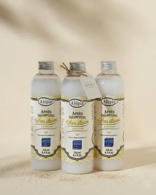Set van 3 siliconenvrije conditioners Alepia in flessen van 250 ml met ondoorzichtige witte vloeistof